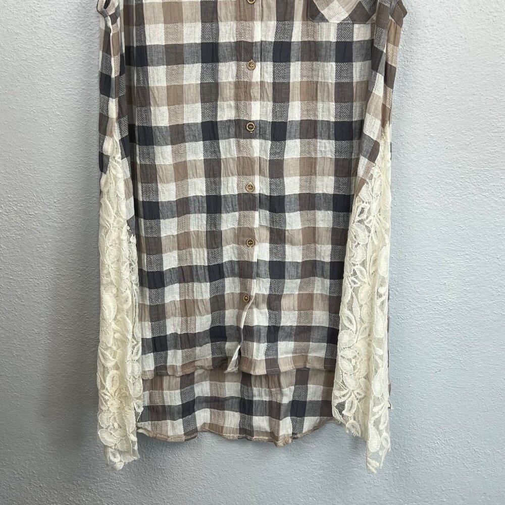 NWT A'reve Women's Plaid & Lace Button Up Sleeveless Shirt Dress Size 2XL - Picture 2 of 7